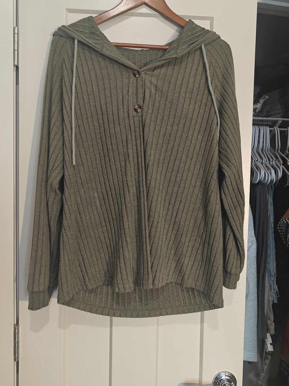 Ribbed Cowl Hooded Sweater in Olive Green